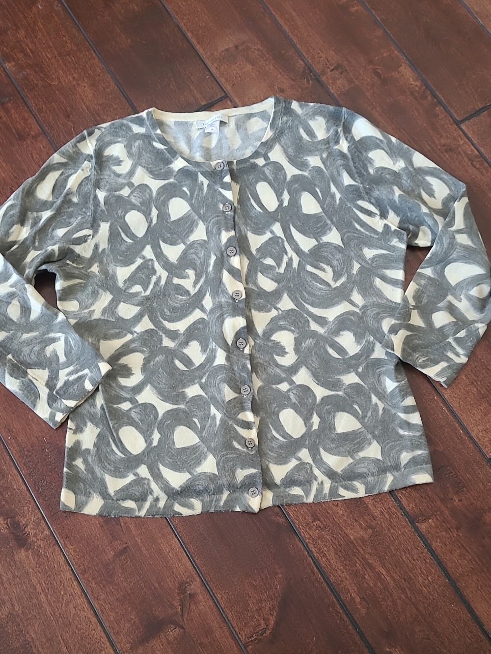 Garnet Hill 100% Merino Wool Abstract Swirl Button Cardigan Gray/Cream Sz M